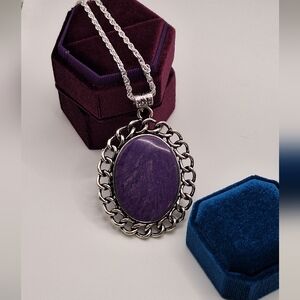 Charoite Oval Pendant Necklace | Handmade India | Silver Plated | Purple Gem